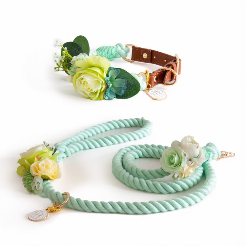 Floral wedding dog collar and cotton rope leash Portofino