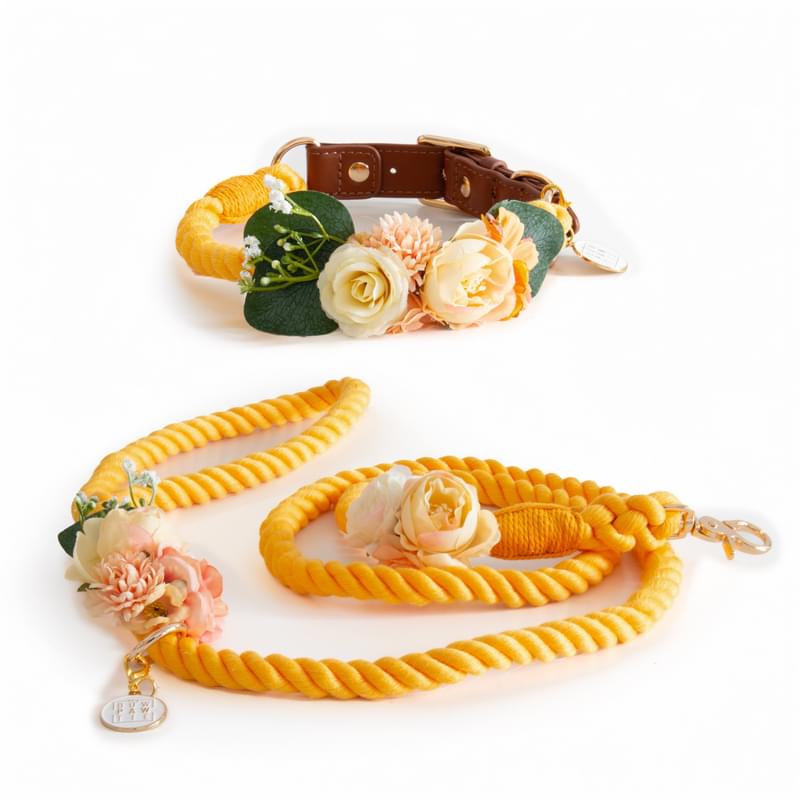 Floral wedding dog collar and cotton rope leash Tuscany